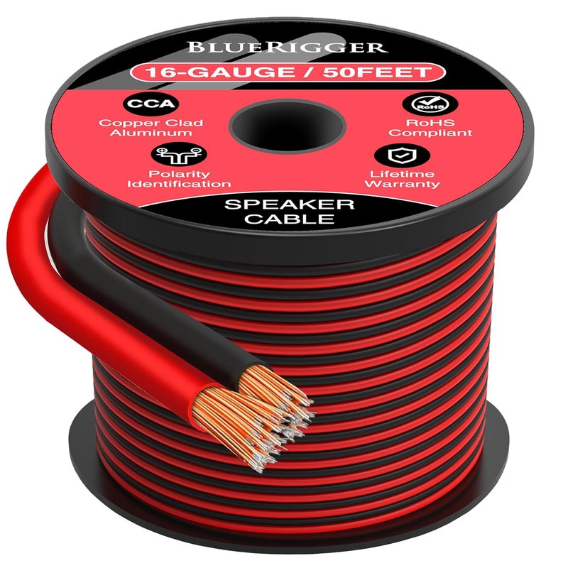 BlueRigger 16 Gauge Speaker Wire (50FT, 16 AWG, Speaker Cable, CCA, HiFi Stereo, Polarity Identification) - Car Audio Wire for Home Theater, Surround Sound Systems, Automotive Amps, Banana Plugs - Image 1